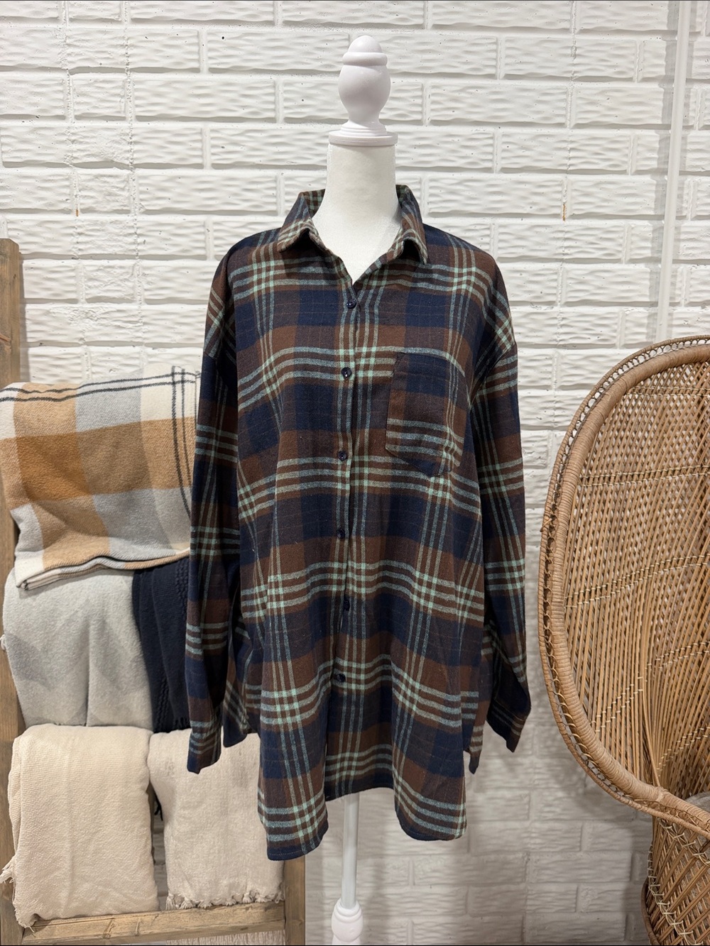 Men's Brown & Navy Plaid Button-Up Shirt